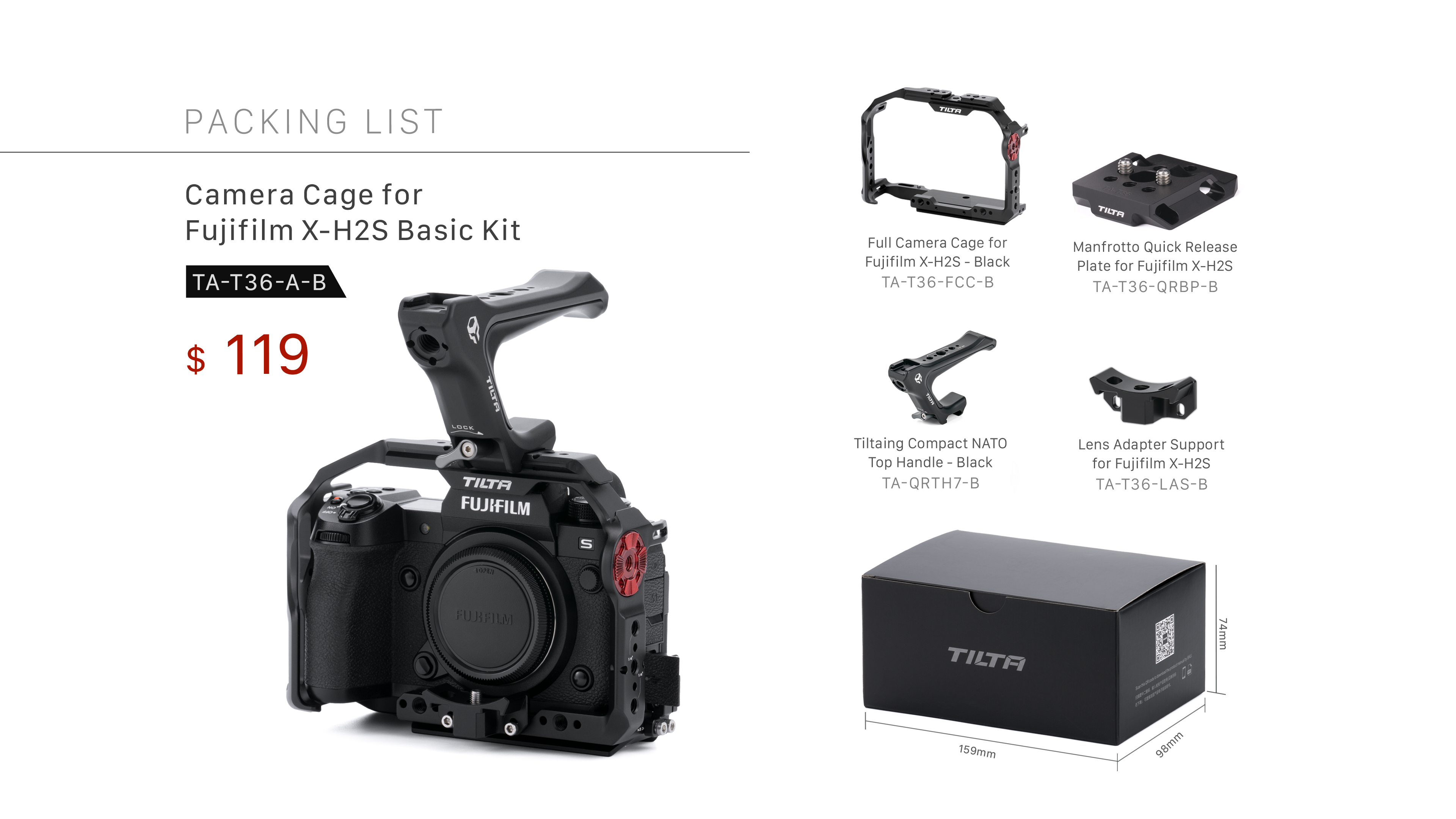 Gabbia Tilta Per Fujifilm X-S20, Con Morsetto Per Cavo Micro HDMI E USB-C, Alluminio Nero, Piastra ARCA-Swiss