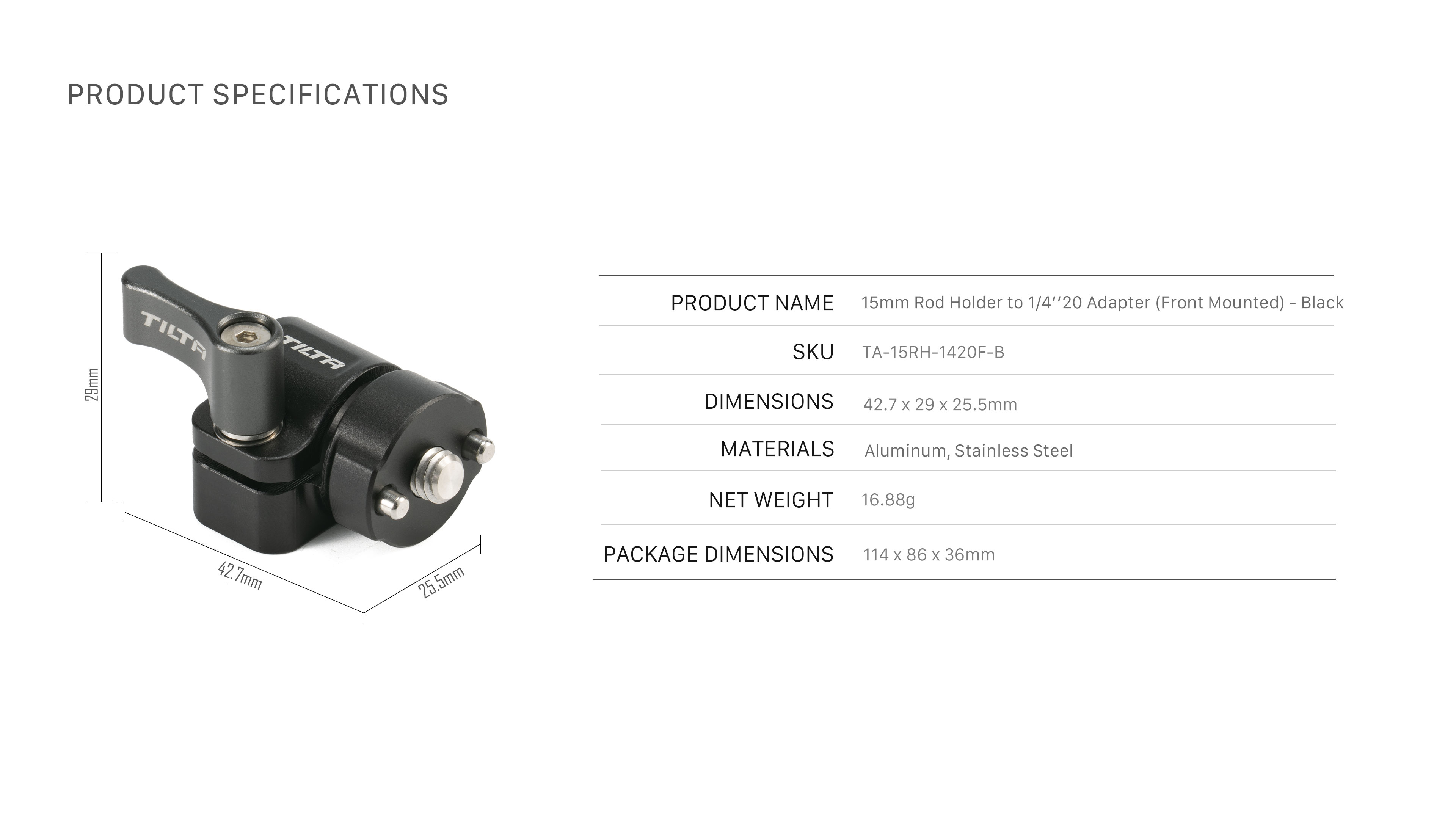 15mm Rod Holder to 1/4"-20 Adapter (Front Mounted) - Black