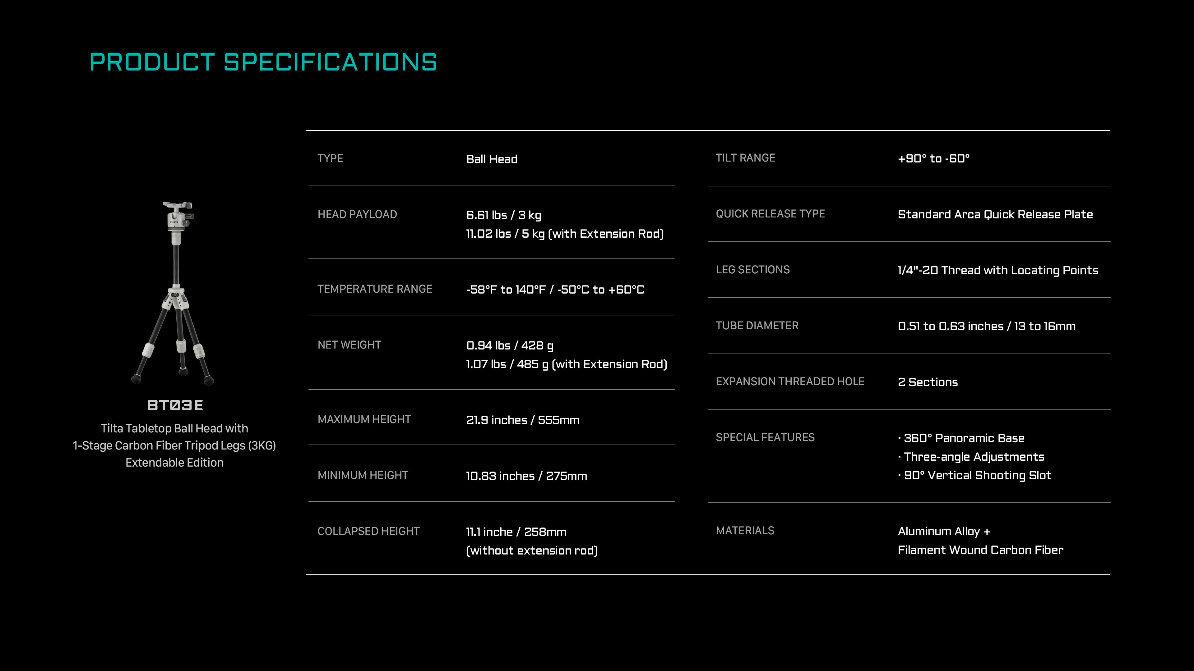Tilta BT03E Tabletop Ball Head with 1-Stage Carbon Fiber Tripod Legs (3KG) Extendable Edition