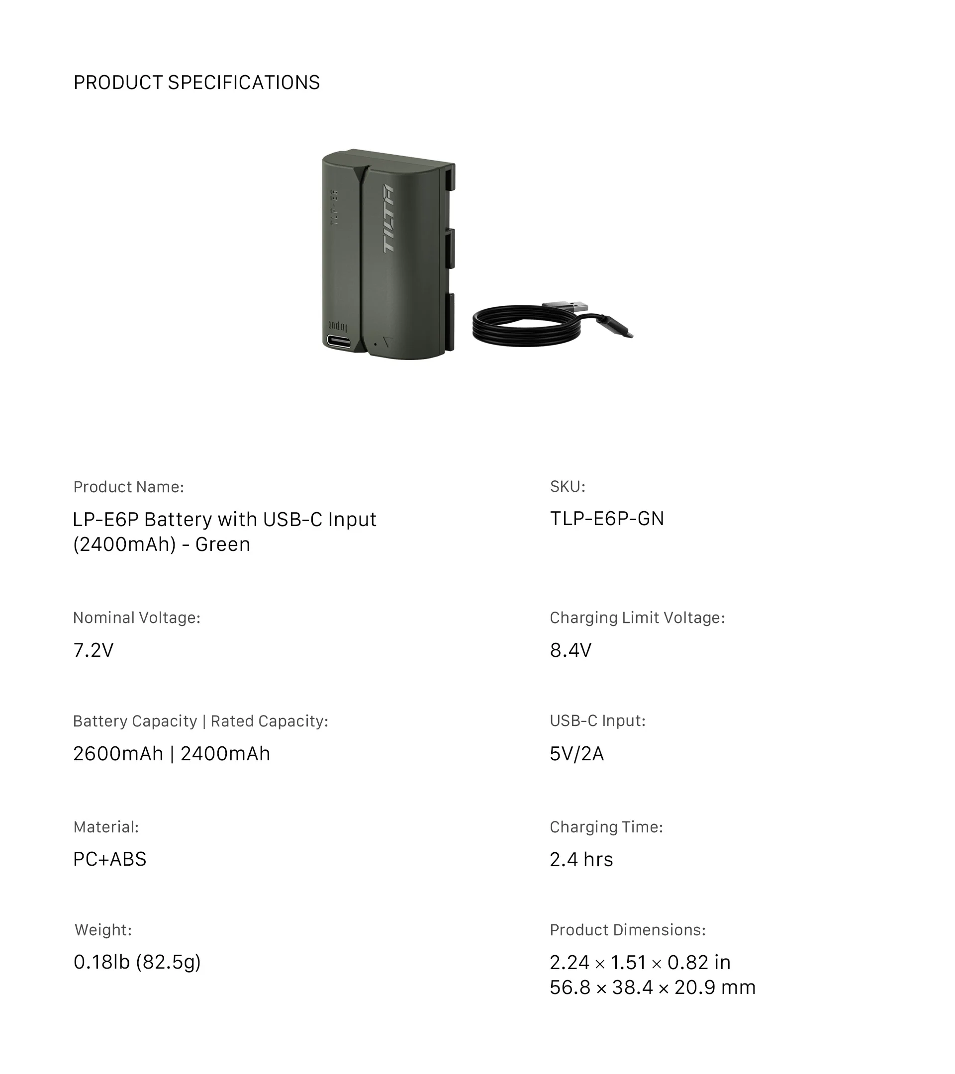 Tilta LP-E6P Battery with USB-C Input (2400mAh) for Canon Cameras – Green