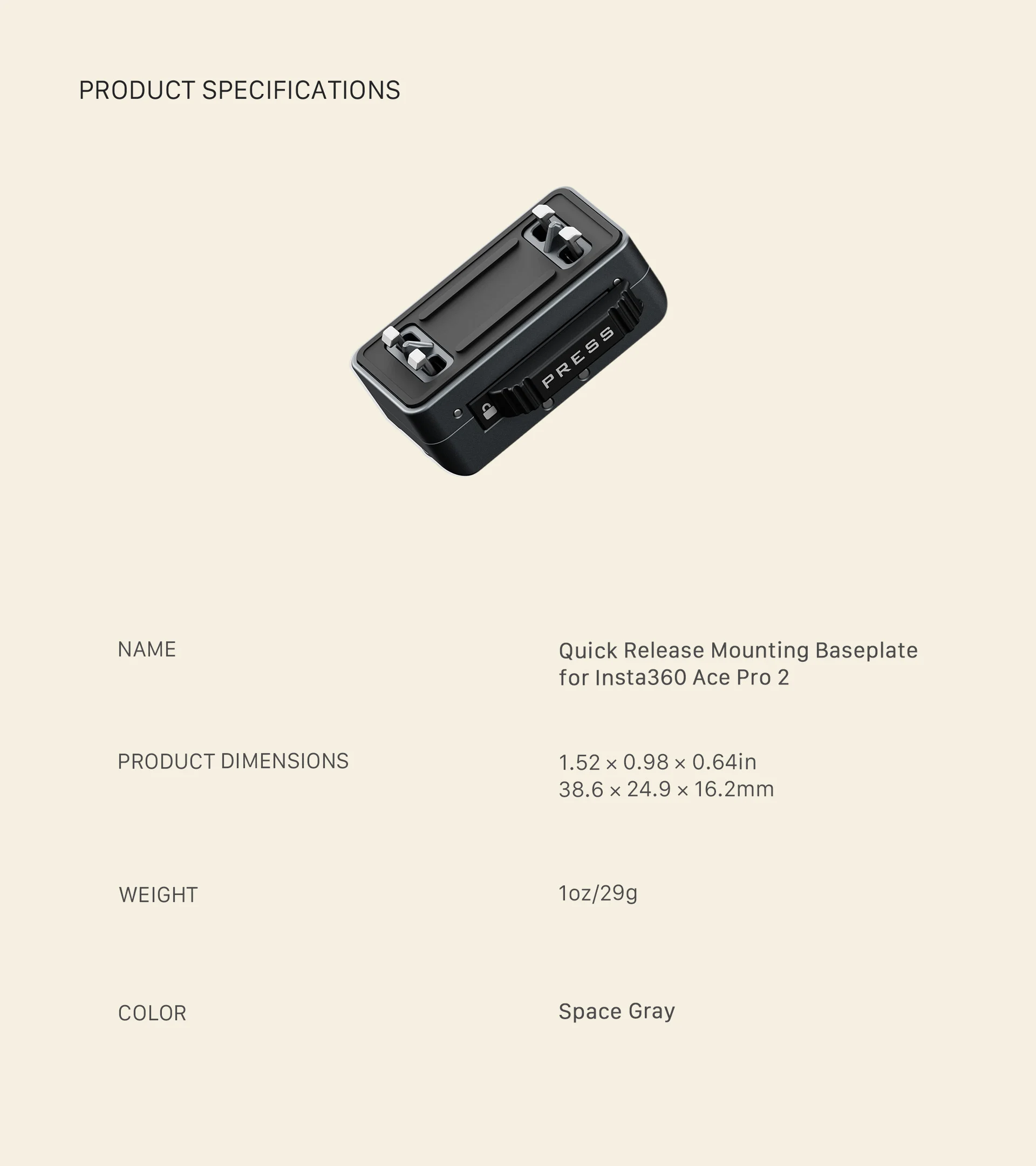 Quick Release Mounting Baseplate for Insta360 Ace Pro Series and X Series — Space Grey