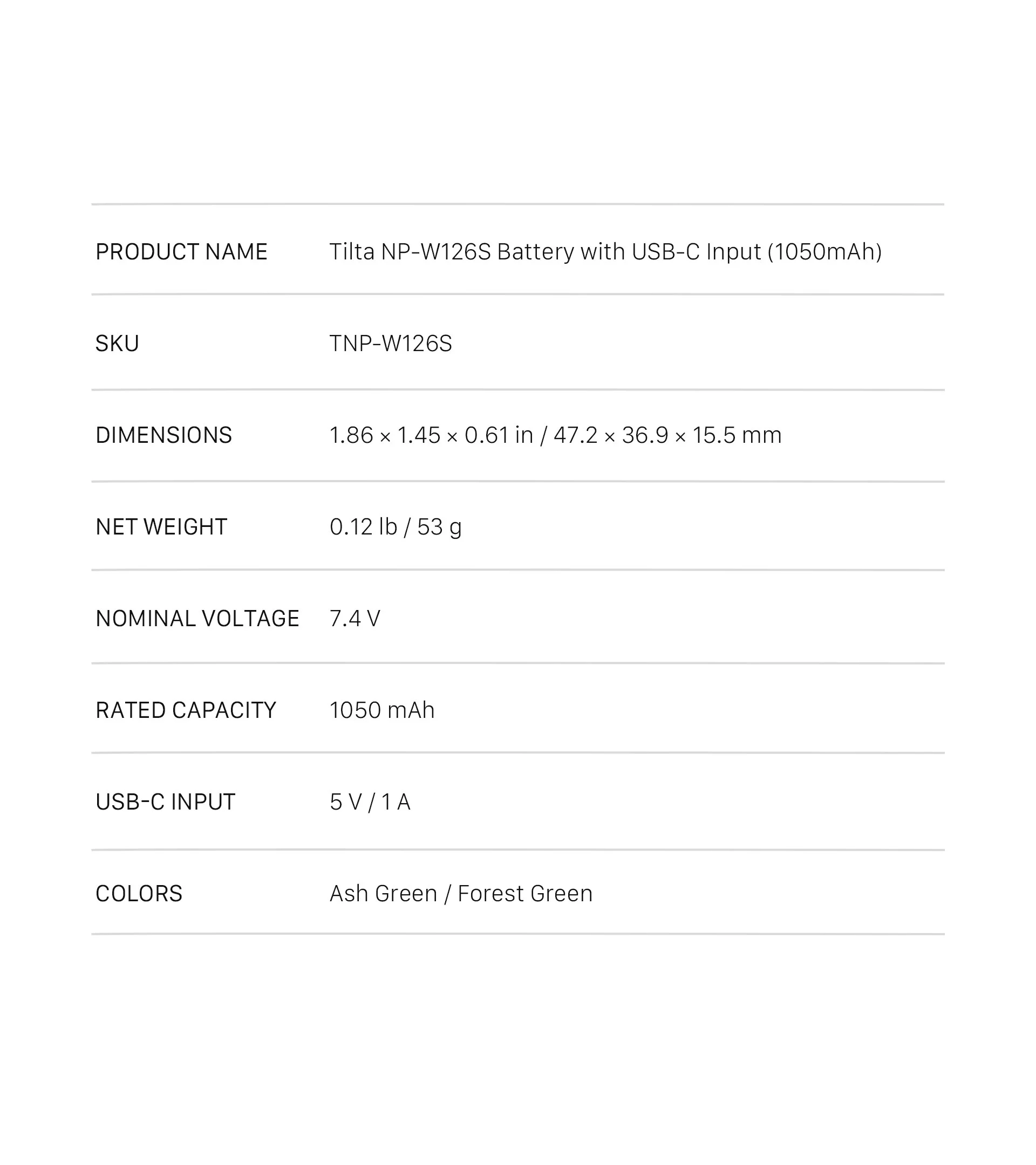 Tilta NP-W126S Battery with USB-C Input (1050mAh)